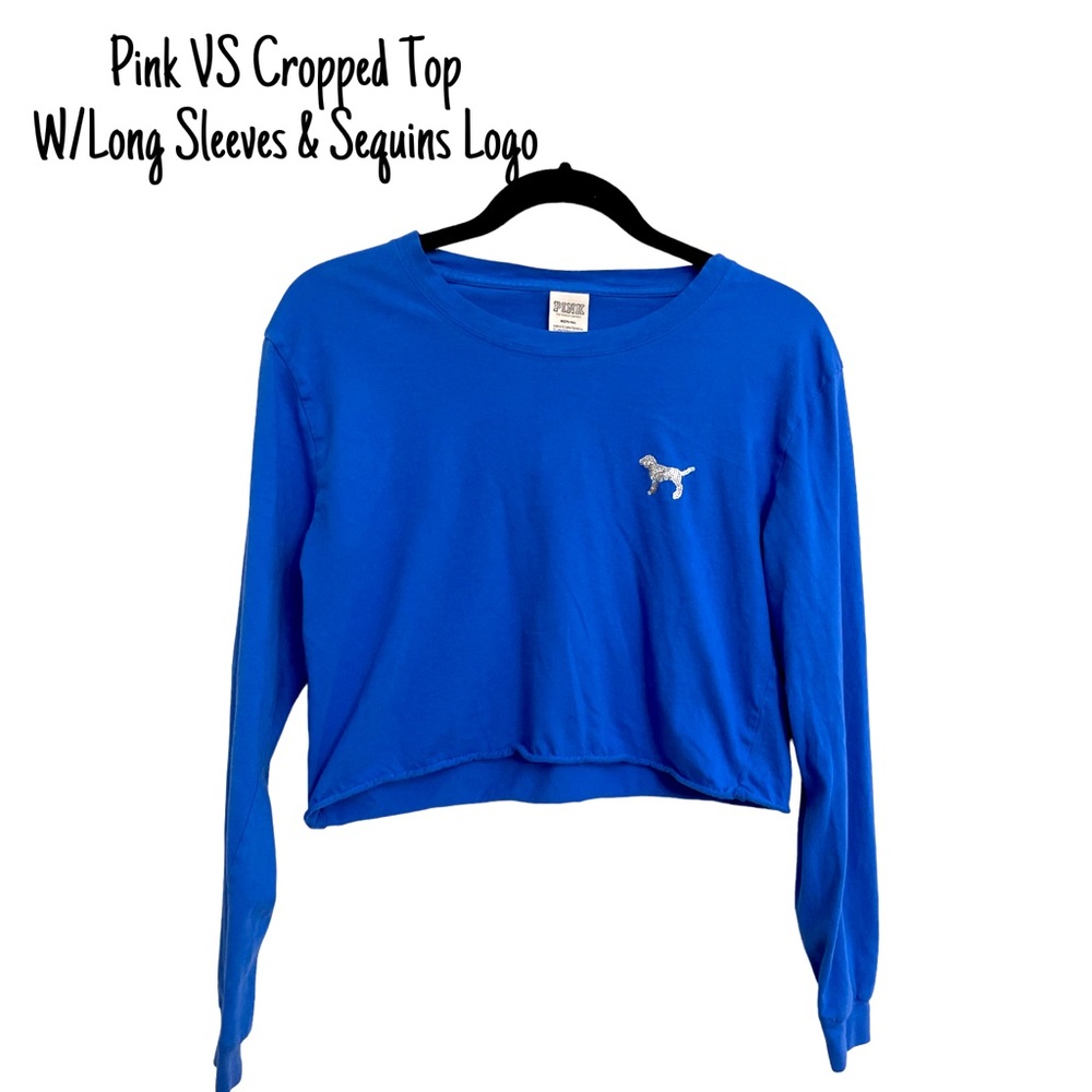 EUC Pink VS Medium Royal Blue Sequins Logo Crop Top With Long Sleeves